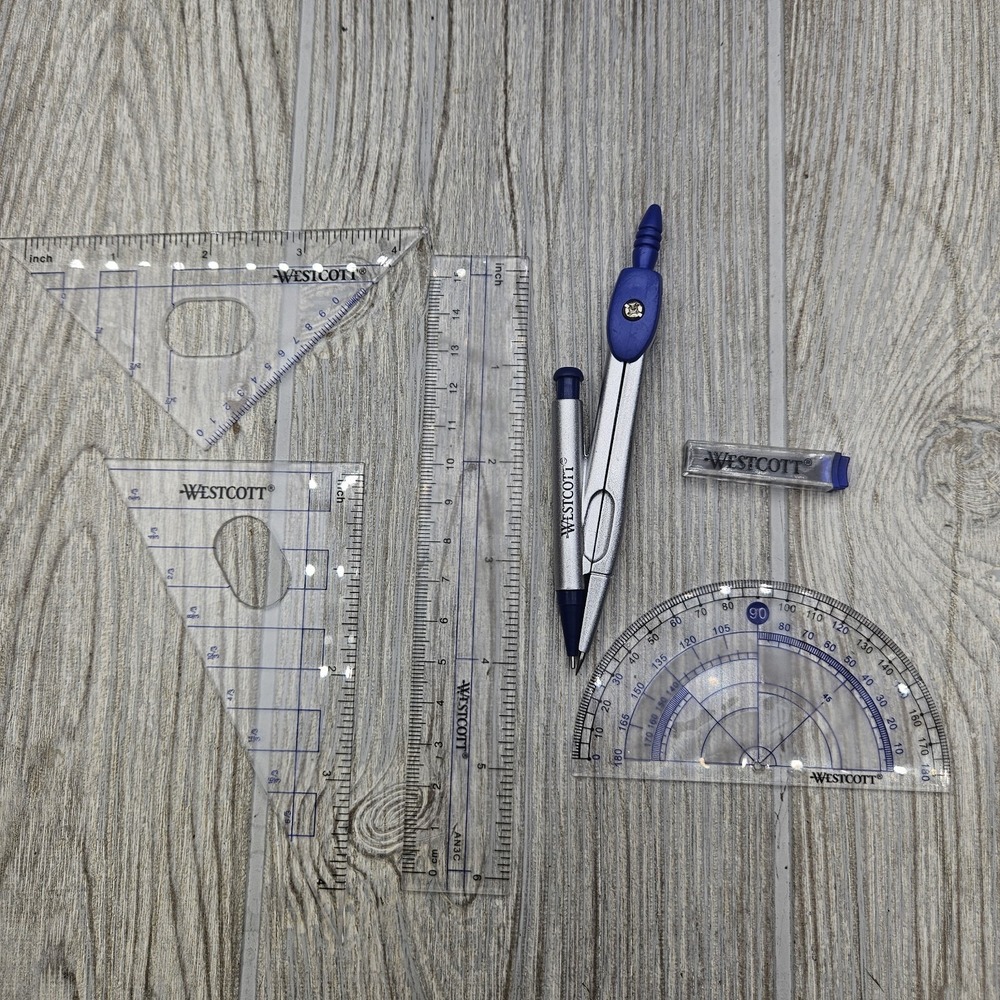 Westcott 14564 Geometry Set Kit Compass Protractor Triangles Ruler Storage Pouch - Picture 6 of 8